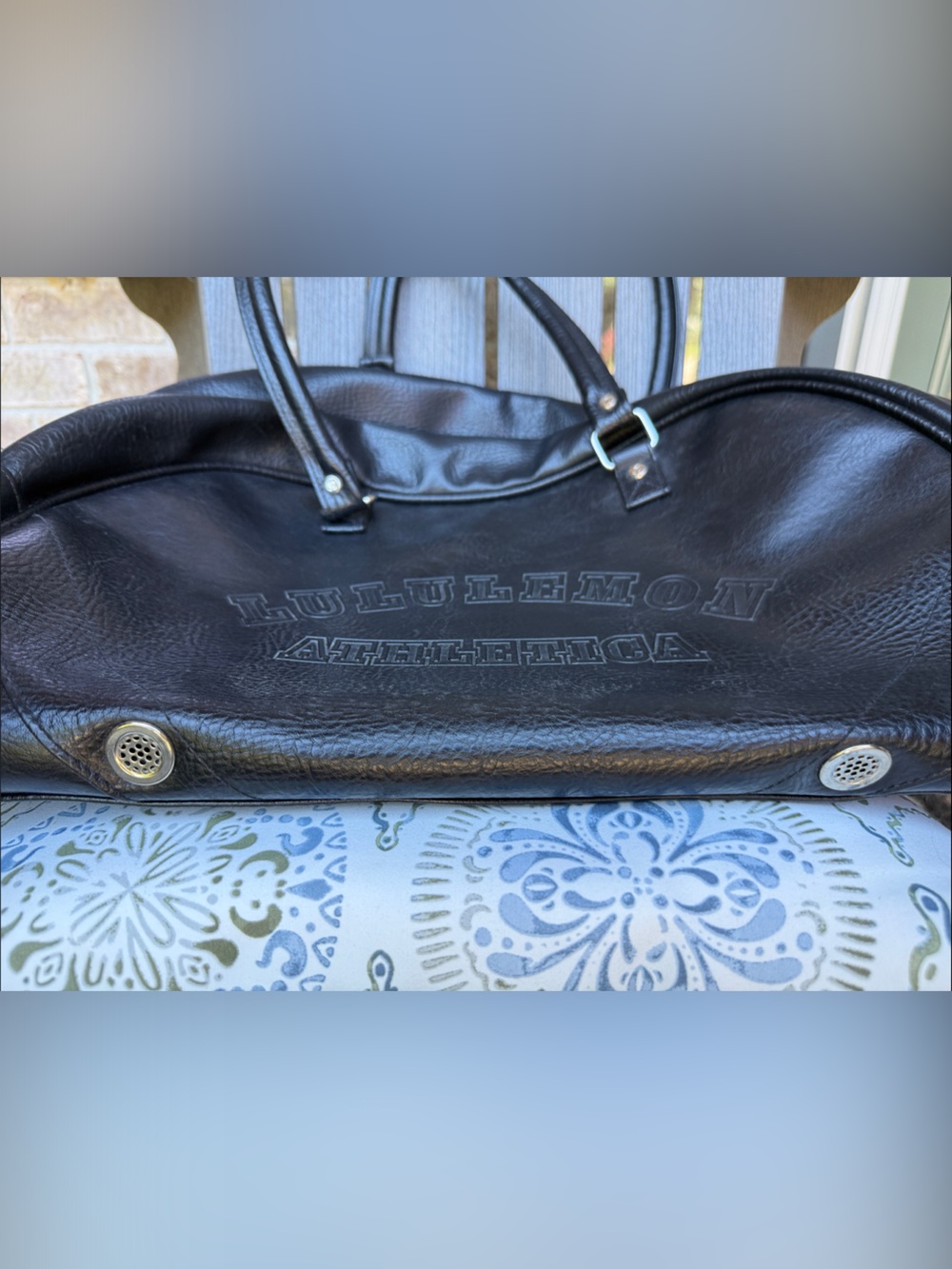 lululemon athletica Black Faux Leather Duffel with Striped Shoulder Strap, EUC!! - Picture 8 of 16